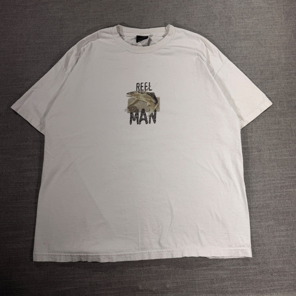 Newport Blue Reel Man T-Shirt Mens 2X White Good Fishing Graphic USA Made